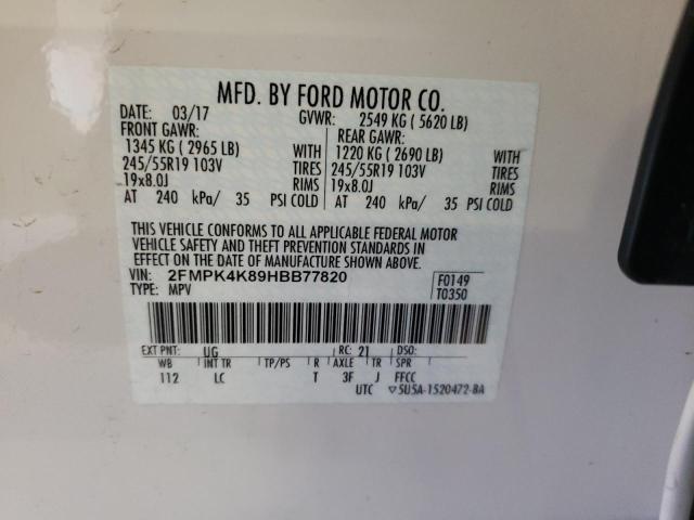 2FMPK4K89HBB77820 - 2017 FORD EDGE WHITE photo 10