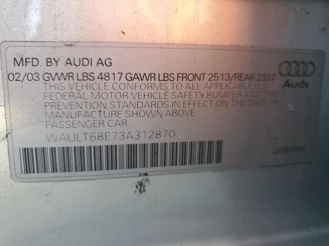 WAULT68E73A312870 - 2003 AUDI A4 3.0 QUA SILVER photo 10