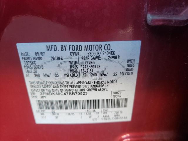 2FMDK39C47BB70523 - 2007 FORD EDGE SEL P RED photo 10