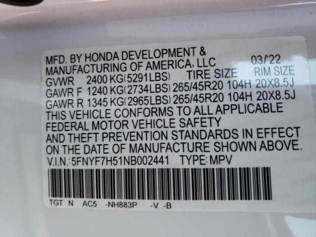 5FNYF7H51NB002441 - 2022 HONDA PASSPORT E 白色 照片 10