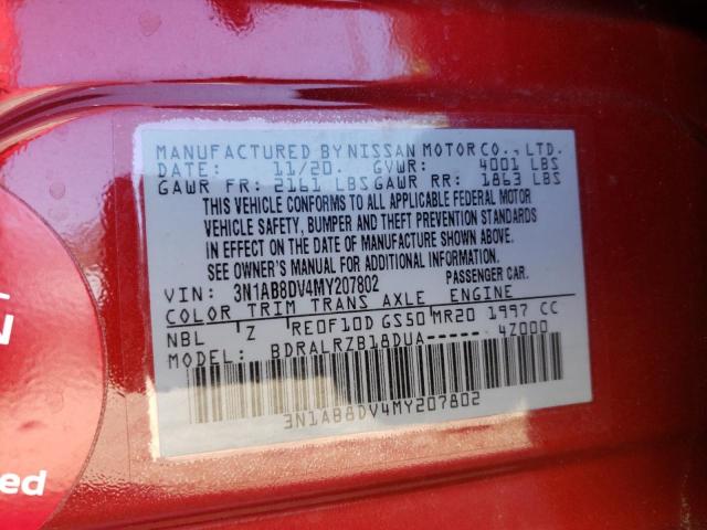 3N1AB8DV4MY207802 - 2021 NISSAN SENTRA SR RED photo 10