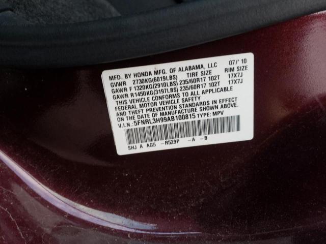 5FNRL3H99AB100815 - 2010 HONDA ODYSSEY TO BURGUNDY photo 10