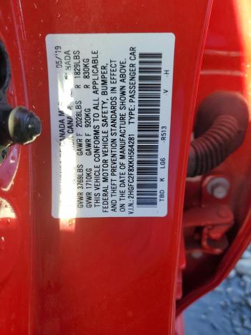 2HGFC2F8XKH564281 - 2019 HONDA CIVIC SPOR RED photo 12