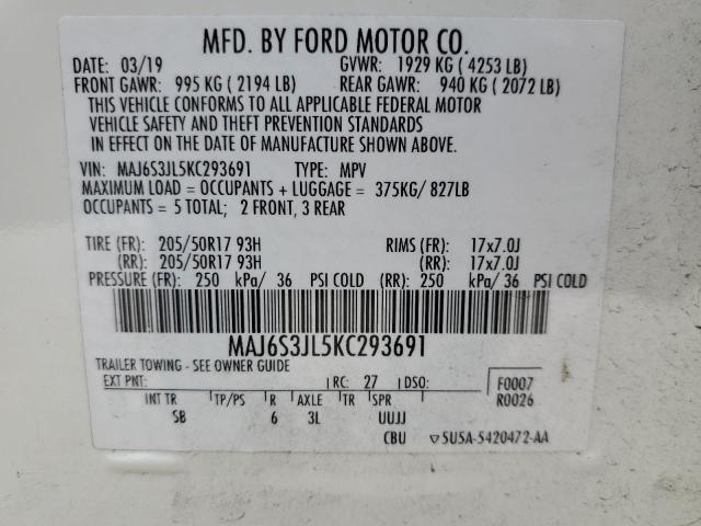 MAJ6S3JL5KC293691 - 2019 FORD ECOSPORT S WHITE photo 10