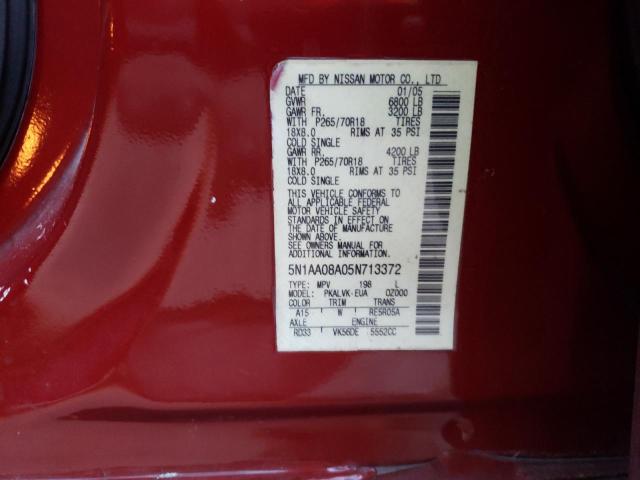 5N1AA08A05N713372 - 2005 NISSAN ARMADA SE RED photo 10