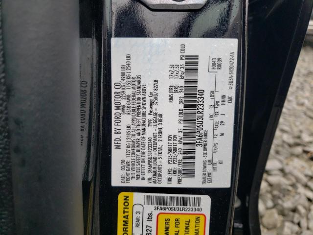 3FA6P0SU3LR233340 - 2020 FORD FUSION TIT BLACK photo 10