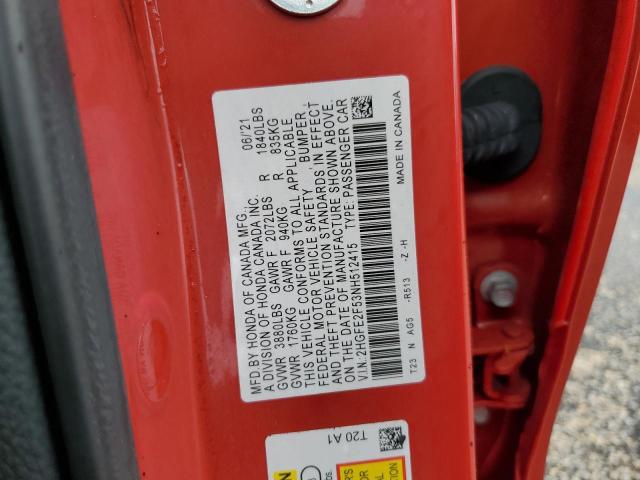 2HGFE2F53NH512415 - 2022 HONDA CIVIC SPOR 红色 照片 13