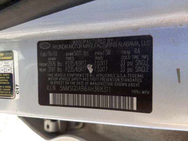 5NMSGDAB6AH368311 - 2010 HYUNDAI SANTA FE G SILVER photo 10