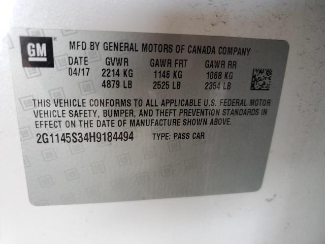 2G1145S34H9184494 - 2017 CHEVROLET IMPALA PRE WHITE photo 10