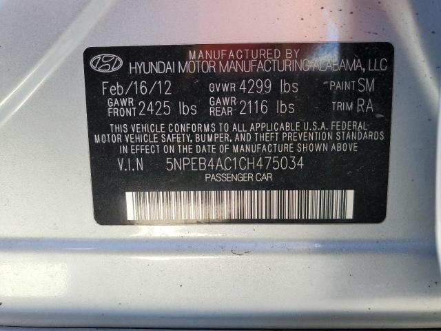 5NPEB4AC1CH475034 - 2012 HYUNDAI SONATA GLS SILVER photo 10