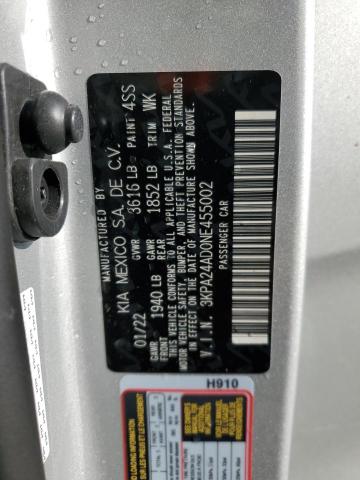 3KPA24AD0NE455002 - 2022 KIA RIO LX SILVER photo 10