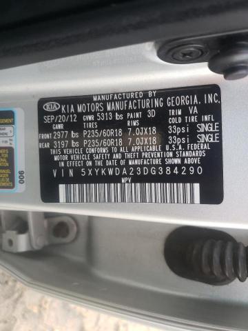 5XYKWDA23DG384290 - 2013 KIA SORENTO SX SILVER photo 10