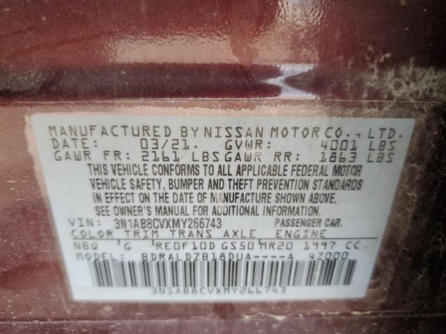 3N1AB8CVXMY266743 - 2021 NISSAN SENTRA SV MAROON photo 10