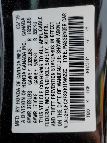 2HGFC2F8XKH546220 - 2019 HONDA CIVIC SPOR Қара фото 10