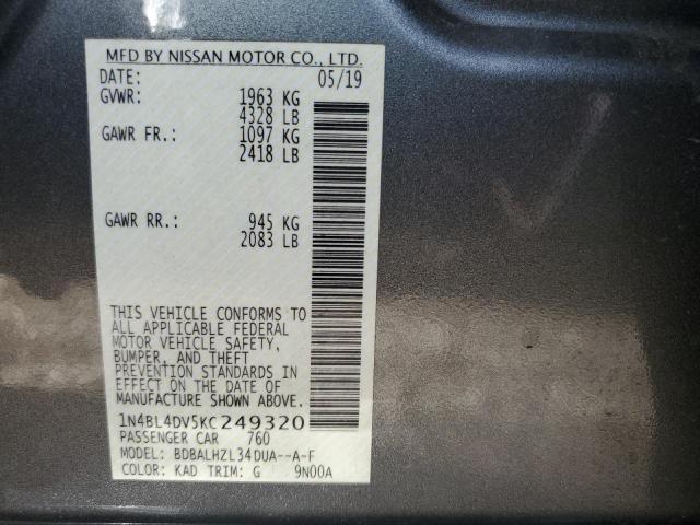 1N4BL4DV5KC249320 - 2019 NISSAN ALTIMA SV CHARCOAL photo 10