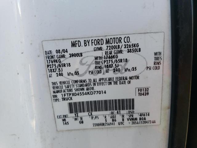 1FTPX04554KD77014 - 2004 FORD F 150 WHITE photo 10