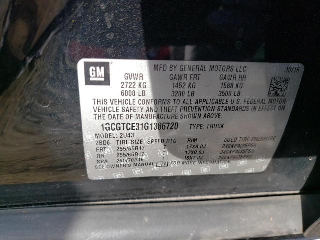 1GCGTCE31G1386720 - 2016 CHEVROLET COLORADO L BLACK photo 10