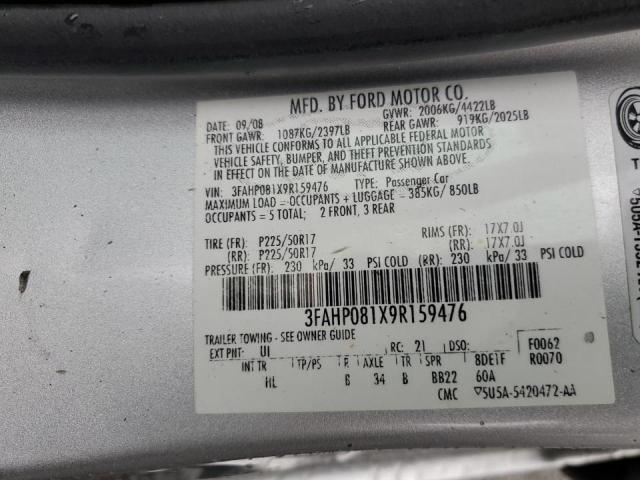 3FAHP081X9R159476 - 2009 FORD FUSION SEL SILVER photo 10