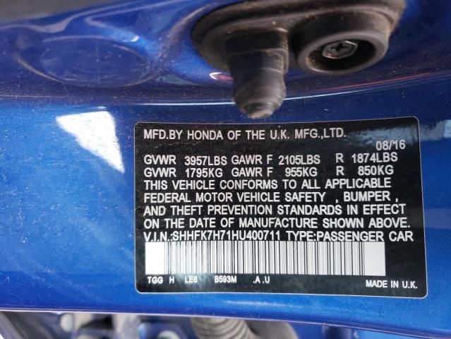 SHHFK7H71HU400711 - 2017 HONDA CIVIC EXL 蓝色 照片 10