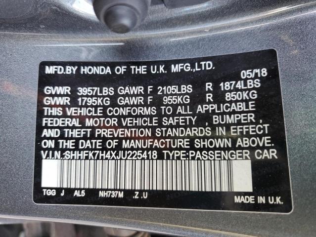 SHHFK7H4XJU225418 - 2018 HONDA CIVIC SPOR GRAY photo 10