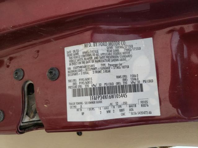 1FAFP34N16W105445 - 2006 FORD FOCUS BURGUNDY photo 10