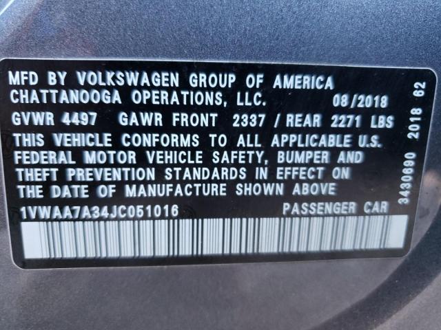 1VWAA7A34JC051016 - 2018 VOLKSWAGEN PASSAT S GRAY photo 10