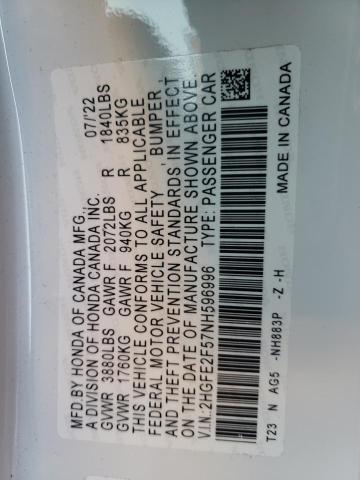 2HGFE2F57NH596996 - 2022 HONDA CIVIC SPOR 白色 照片 12