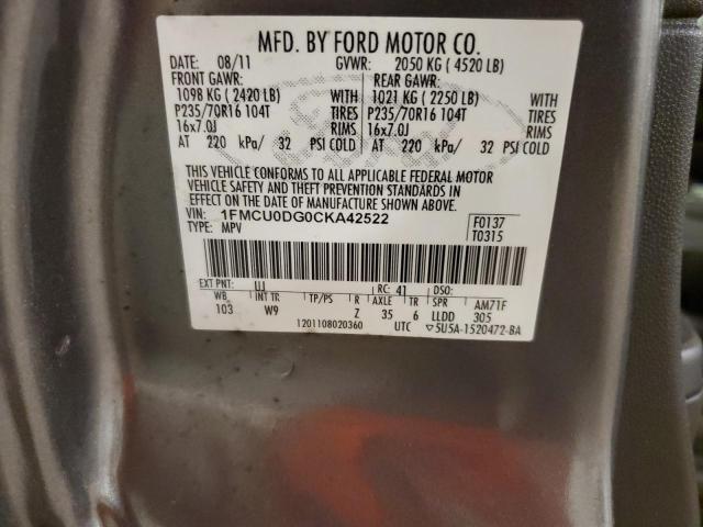 1FMCU0DG0CKA42522 - 2012 FORD ESCAPE XLT GRAY photo 10