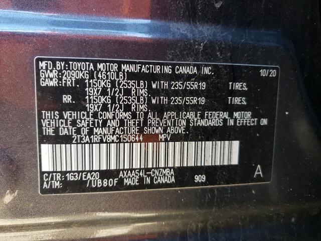 2T3A1RFV8MC150644 - 2021 TOYOTA RAV4 XLE P GRAY photo 10