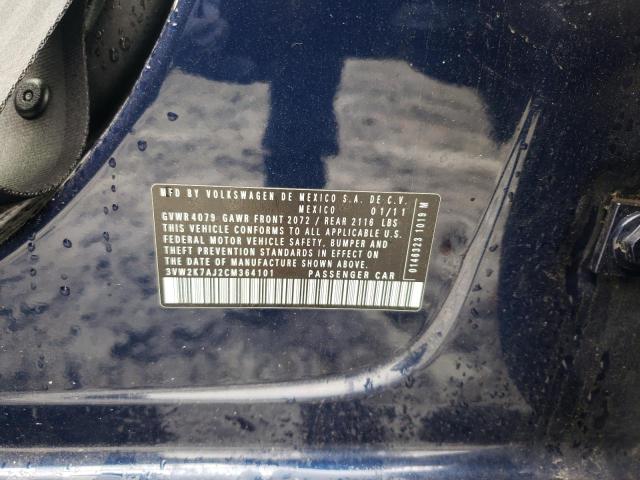 3VW2K7AJ2CM364101 - 2012 VOLKSWAGEN JETTA BASE BLUE photo 10