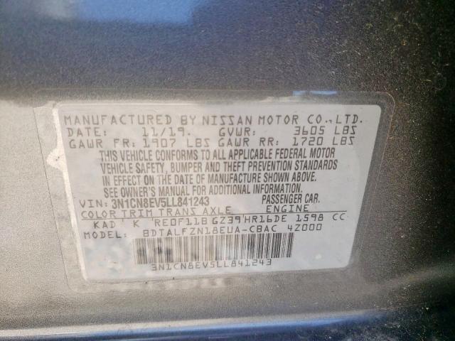 3N1CN8EV5LL841243 - 2020 NISSAN VERSA SV GRAY photo 10