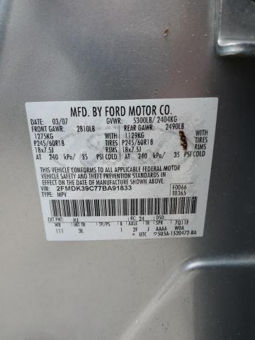 2FMDK39C77BA91833 - 2007 FORD EDGE SEL P GRAY photo 10