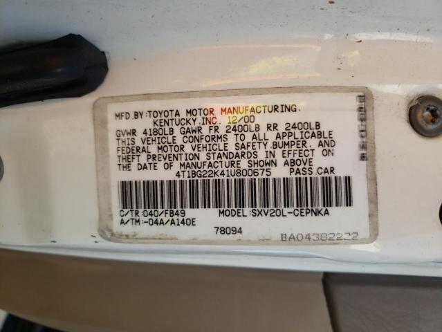 4T1BG22K41U800675 - 2001 TOYOTA CAMRY CE WHITE photo 10