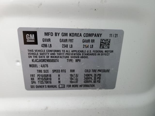 KL4CJASM2NB505074 - 2022 BUICK ENCORE PRE WHITE photo 10