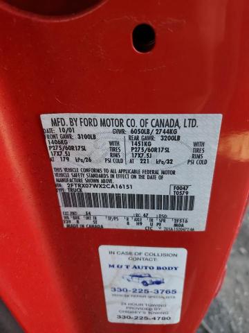 2FTRX07WX2CA16151 - 2002 FORD F150 RED photo 10