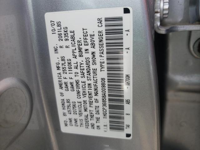 1HGCP36858A009808 - 2008 HONDA ACCORD EXL SILVER photo 10