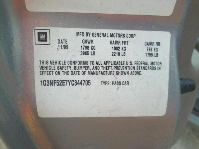 1G3NF52E7YC344705 - 2000 OLDSMOBILE ALERO GLS 银色 照片 10