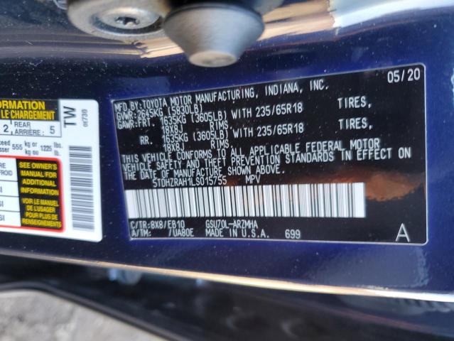 5TDHZRAH1LS015755 - 2020 TOYOTA HIGHLANDER Կապույտ լուսանկար 10