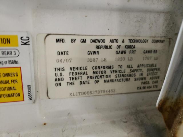 KL1TD66637B794482 - 2007 CHEVROLET AVEO BASE WHITE photo 10