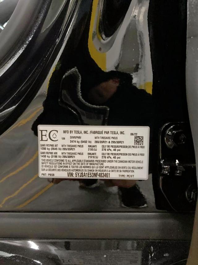 5YSJA1E53NF483461 - 2022 TESLA MODEL S BLACK photo 10