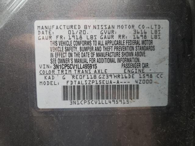 3N1CP5CV1LL495915 - 2020 NISSAN KICKS SV GRAY photo 12