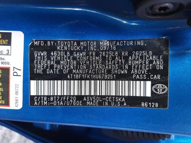 4T1BF1FK1HU679251 - 2017 TOYOTA CAMRY BLUE photo 10