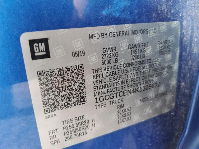 1GCGTCEN4K1305672 - 2019 CHEVROLET COLORADO L BLUE photo 10