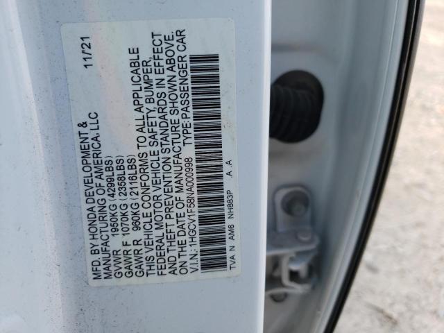 1HGCV1F58NA000998 - 2022 HONDA ACCORD EXL WHITE photo 10