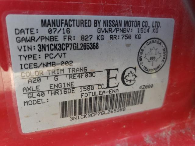 3N1CK3CP7GL265368 - 2016 NISSAN MICRA RED photo 10