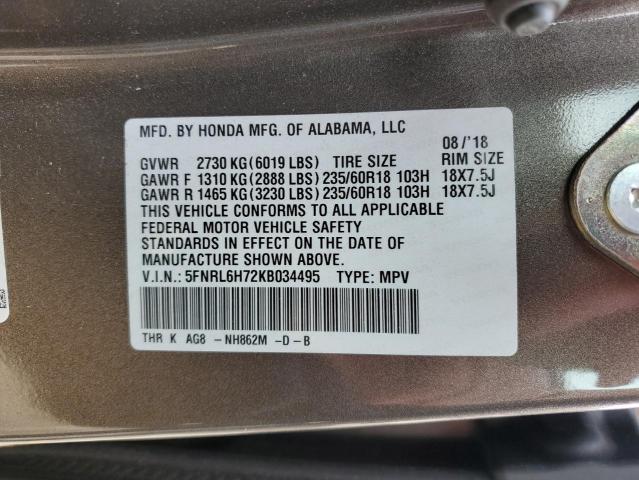 5FNRL6H72KB034495 - 2019 HONDA ODYSSEY EX GRAY photo 10