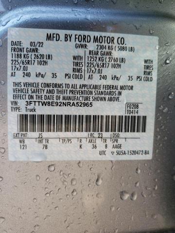 3FTTW8E92NRA52965 - 2022 FORD MAVERICK X SILVER photo 10