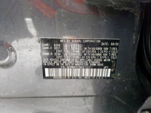 4S4WMARD7M3411311 - 2021 SUBARU ASCENT TOU GRAY photo 10