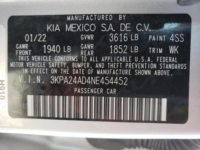 3KPA24AD4NE454452 - 2022 KIA RIO LX SILVER photo 10