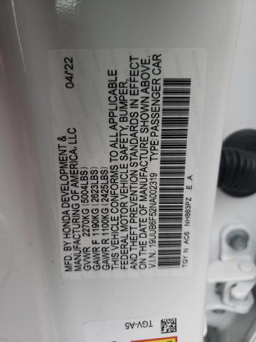 19UUB6F52NA002319 - 2022 ACURA TLX TECH A WHITE photo 10